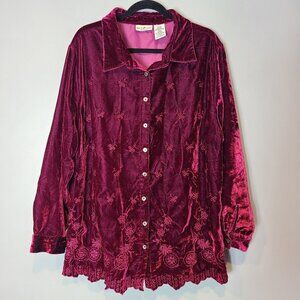 Vintage Embroidered Velvet Floral Button Down Cottage Shirt Jacket 20W Magenta